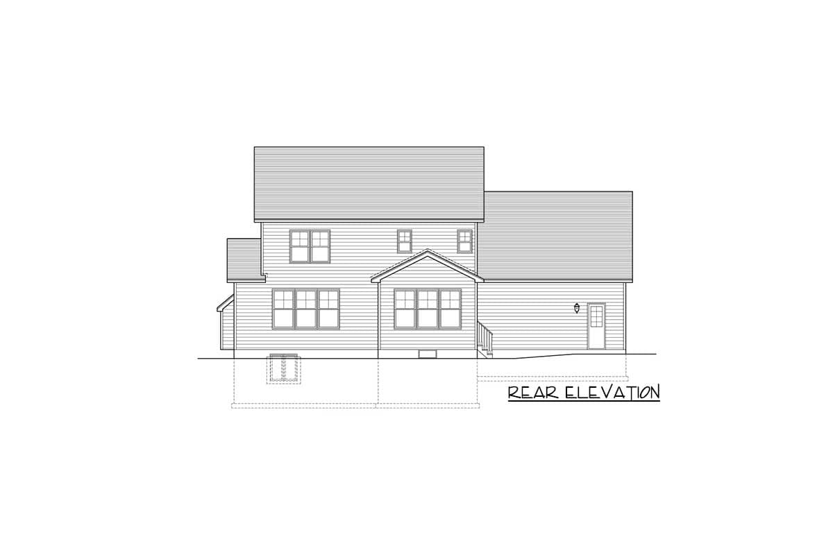 Rear elevation drawing of a two-story house plan with multiple gables, double-hung windows, and a rear door.