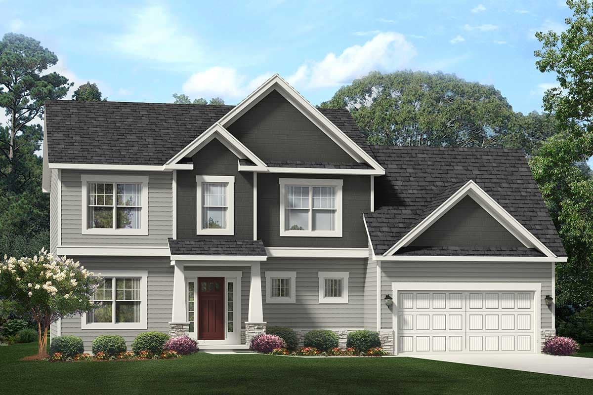 House plan exterior. Two-story Colonial-style home with gabled rooflines, a front-entry porch, and an attached two-car garage.