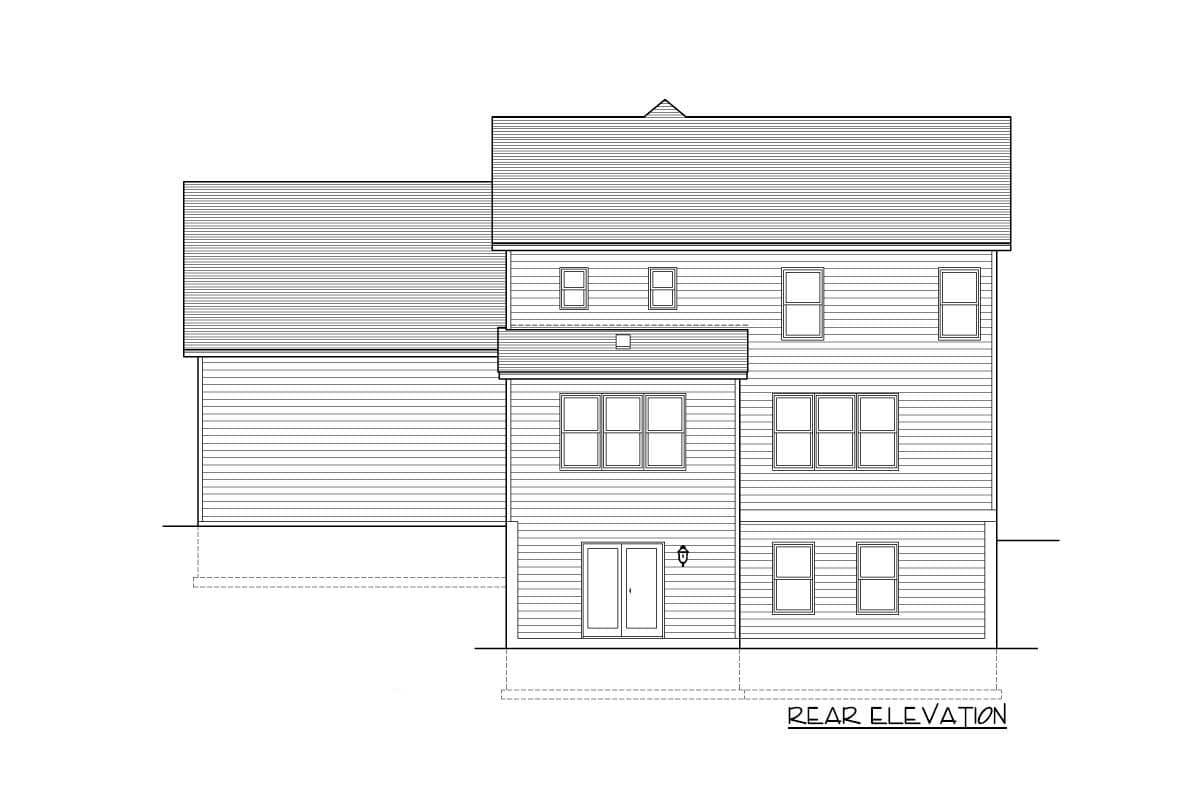 Rear elevation drawing of a two-story house with horizontal siding, multiple windows, and a double door.