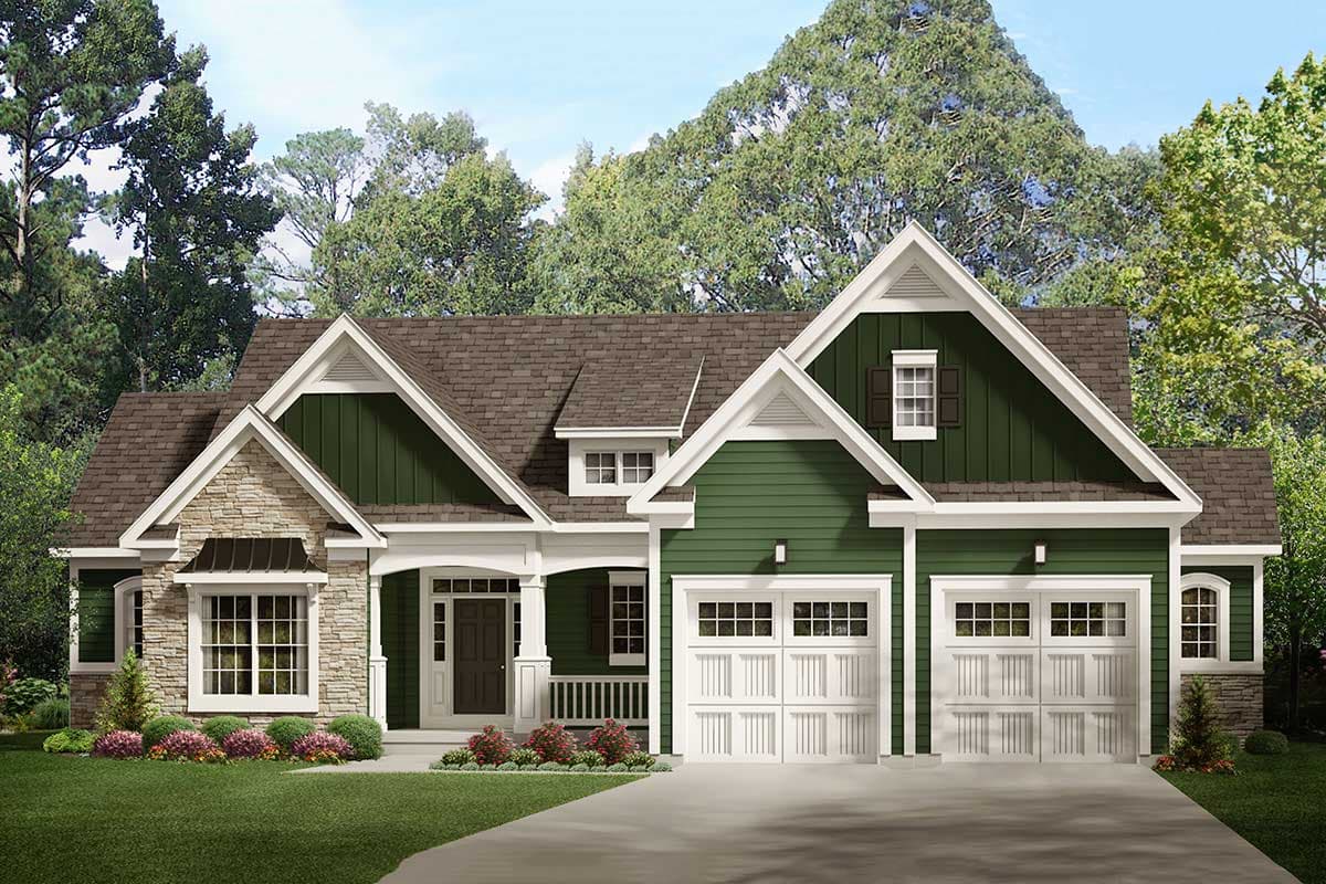 House plan exterior with Craftsman style, two stories, front porch with columns, gables, and a two-car garage.