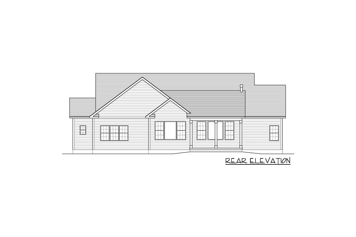 Rear elevation drawing of a one-story house plan with a gabled roof, covered porch, and multiple windows.