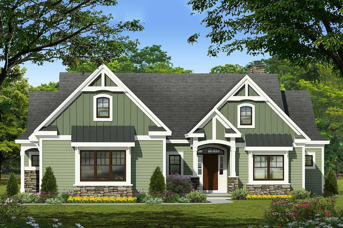 House plan exterior with Craftsman style. Features include gabled roof, stone accents, and multiple dormers with arched windows.