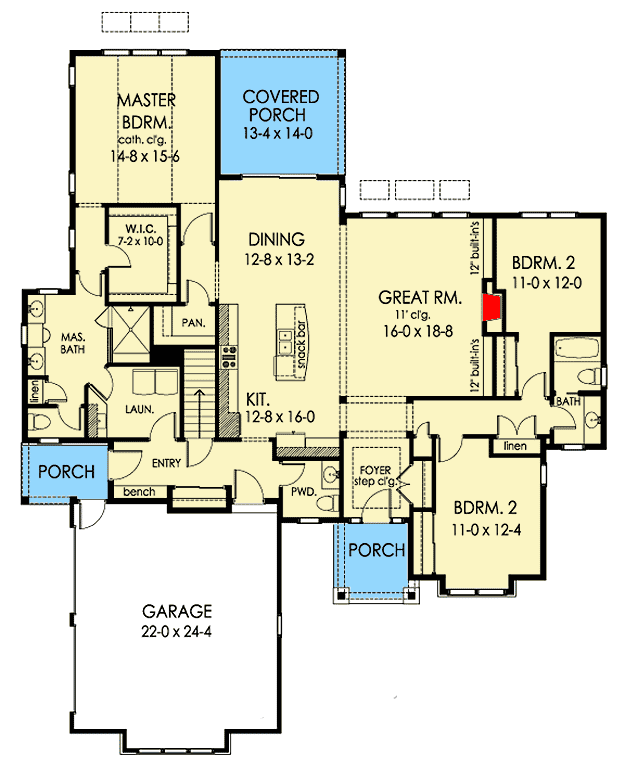 Plan 790035GLV: One-Story 3-Bed House Plan with Arts and Crafts Feel - Floor Plan - Main Level - Cottage, Craftsman, Ranch