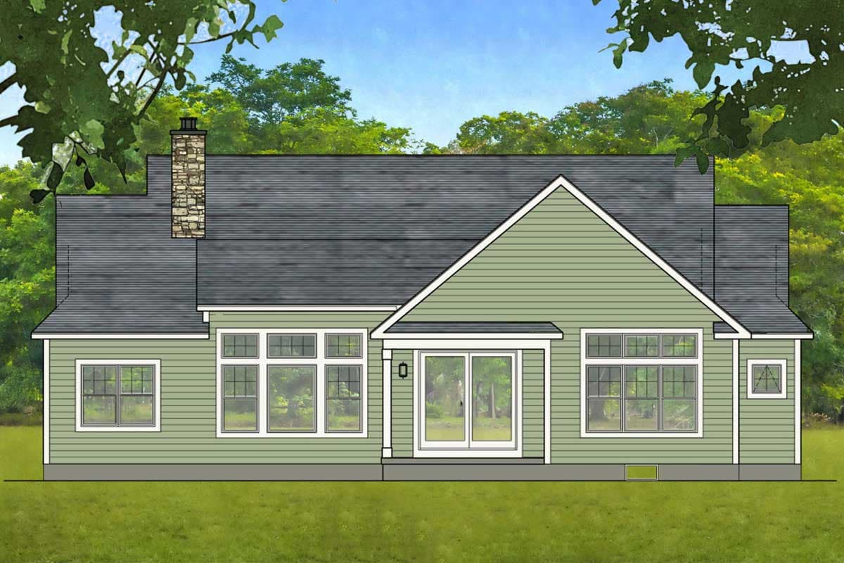 House plan exterior with stone chimney, multiple windows, sliding glass doors, and gabled roof.