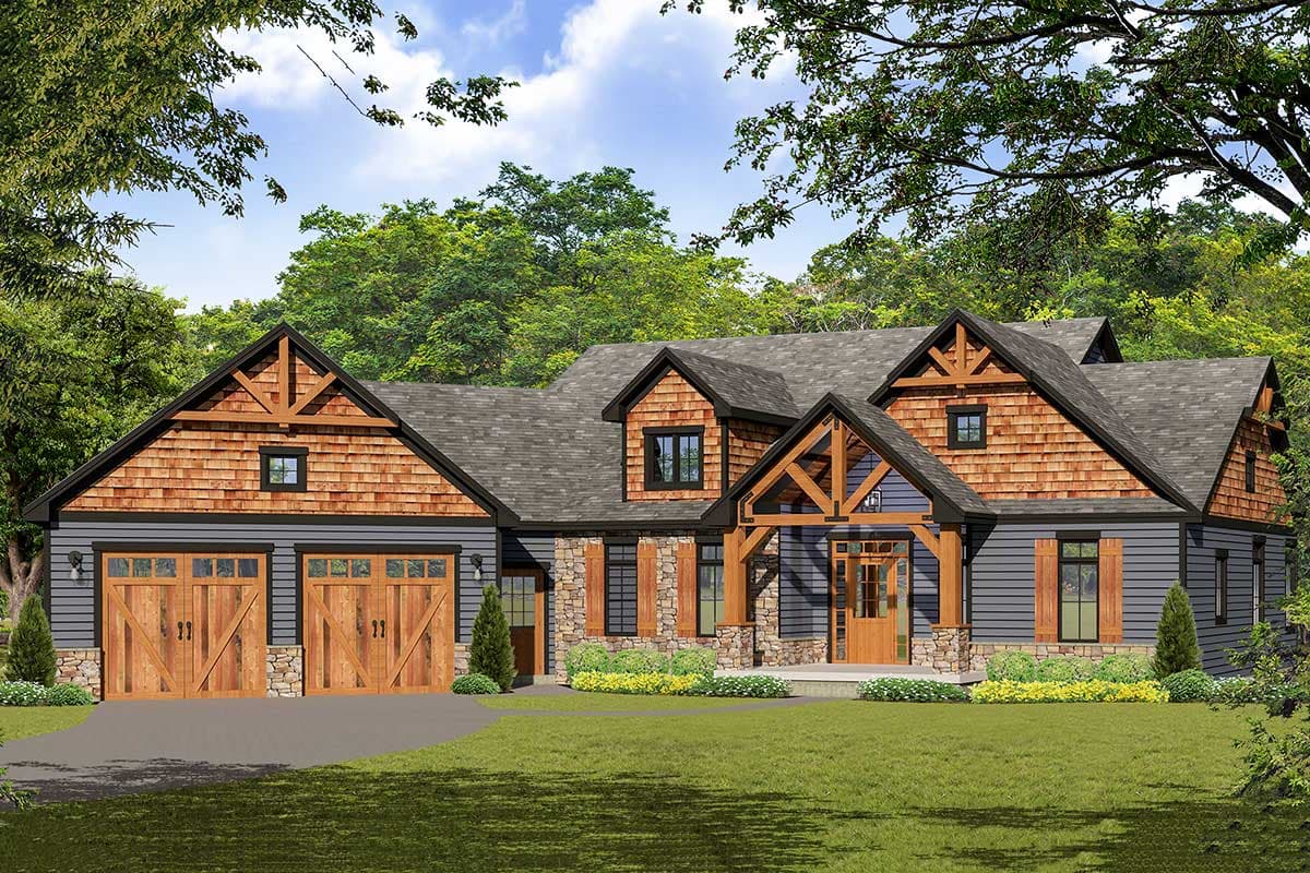 House plan exterior: Craftsman style, 1.5 stories, features two garages, gable dormers, timber accents, and stone and shingle siding.