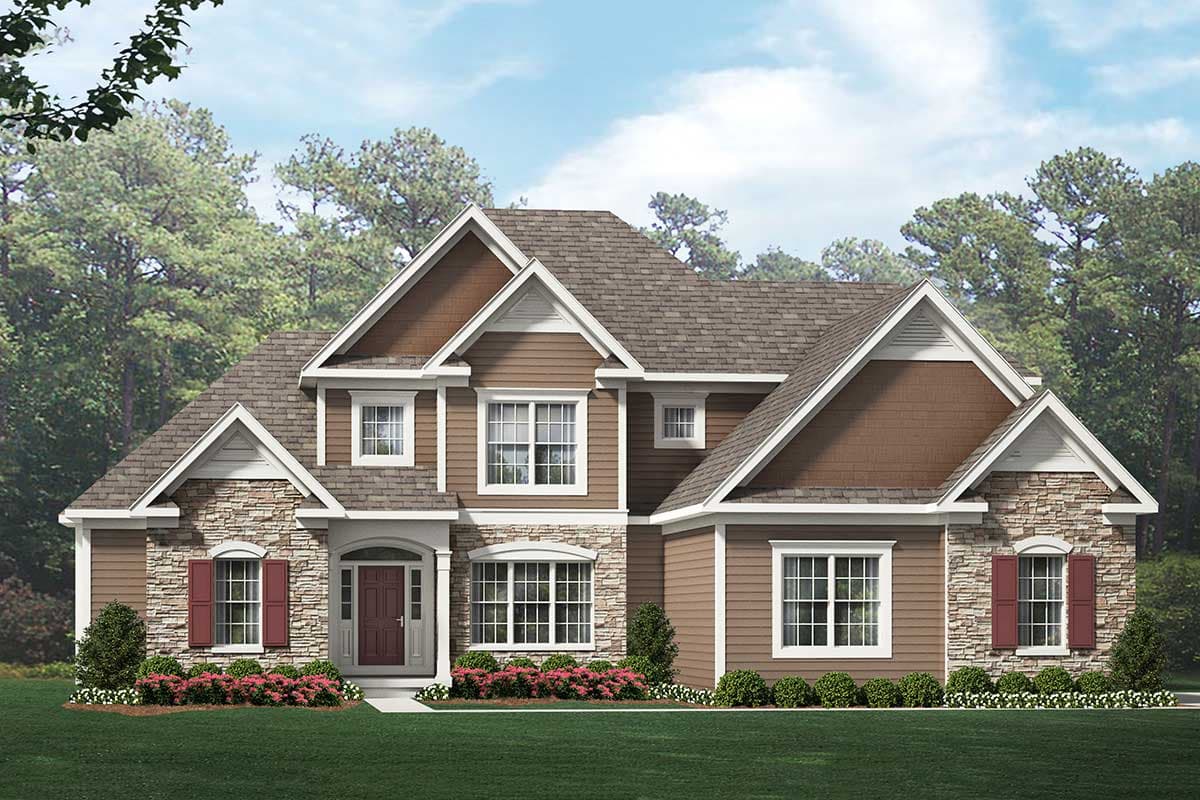 House plan exterior. Two-story home with gables, stone accents, and multiple dormers. Features include a front porch and a multi-section roofline.