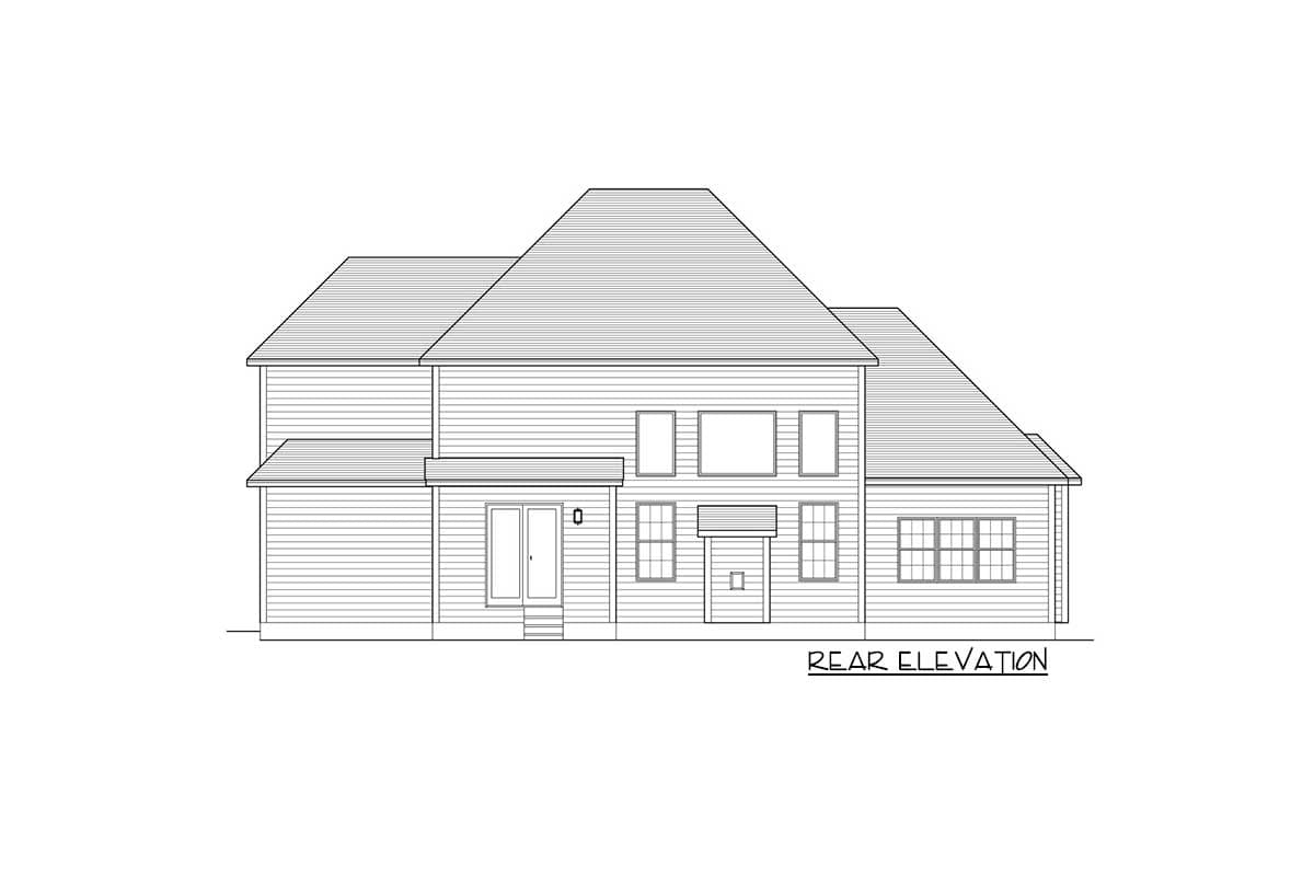 Rear elevation drawing of a two-story house with multiple gables, a central dormer, and a small porch.