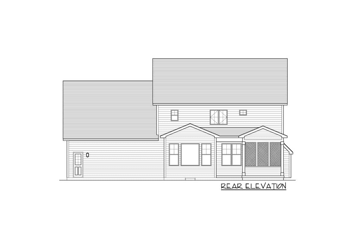 Rear elevation house plan drawing showing a two-story home with a gabled roof, large windows, and a screened porch.