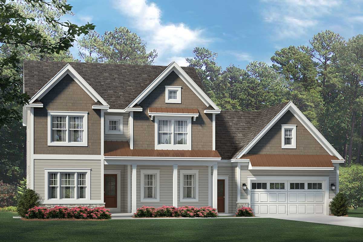 House plan exterior: two-story Modern Farmhouse with gabled dormers, covered front porch with columns, and attached side-entry garage.