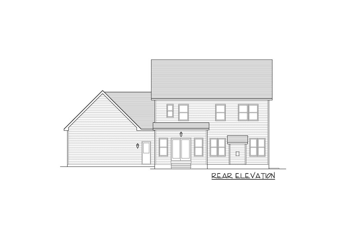 Rear elevation drawing of a two-story house with a gable roof, multiple windows, and a small covered entry.