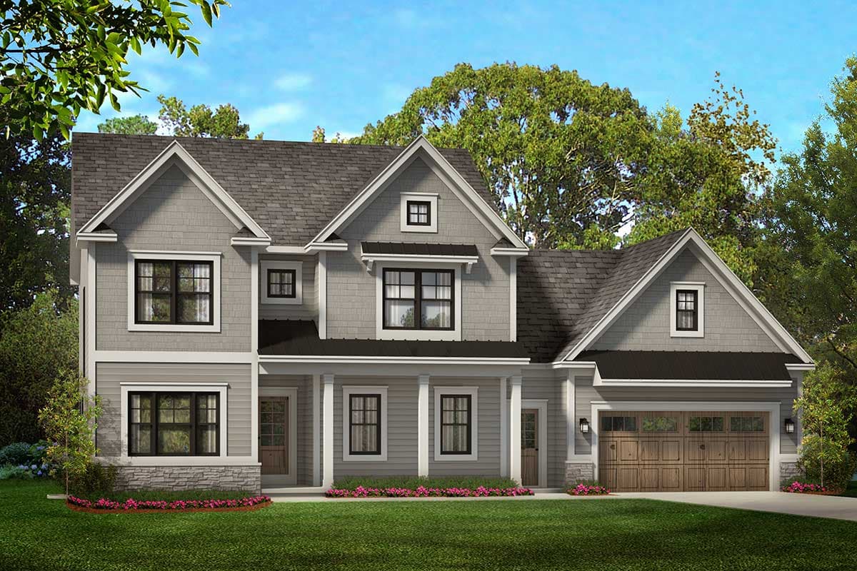 House plan exterior. Two-story, Craftsman-style home with a front porch, multiple gables, and an attached garage.