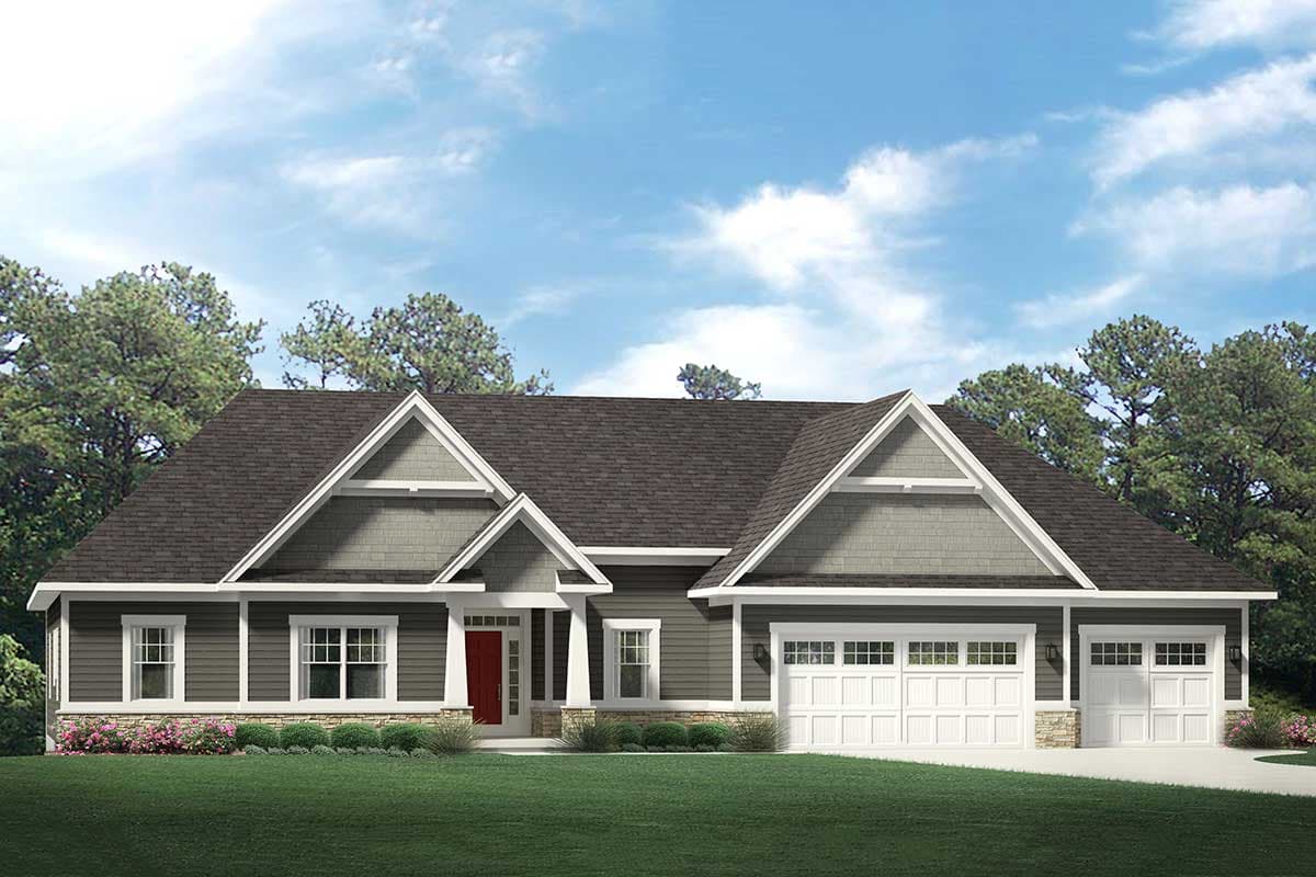 House plan exterior: Modern Farmhouse style, one story, with gabled dormers, front porch, and a three-car garage.