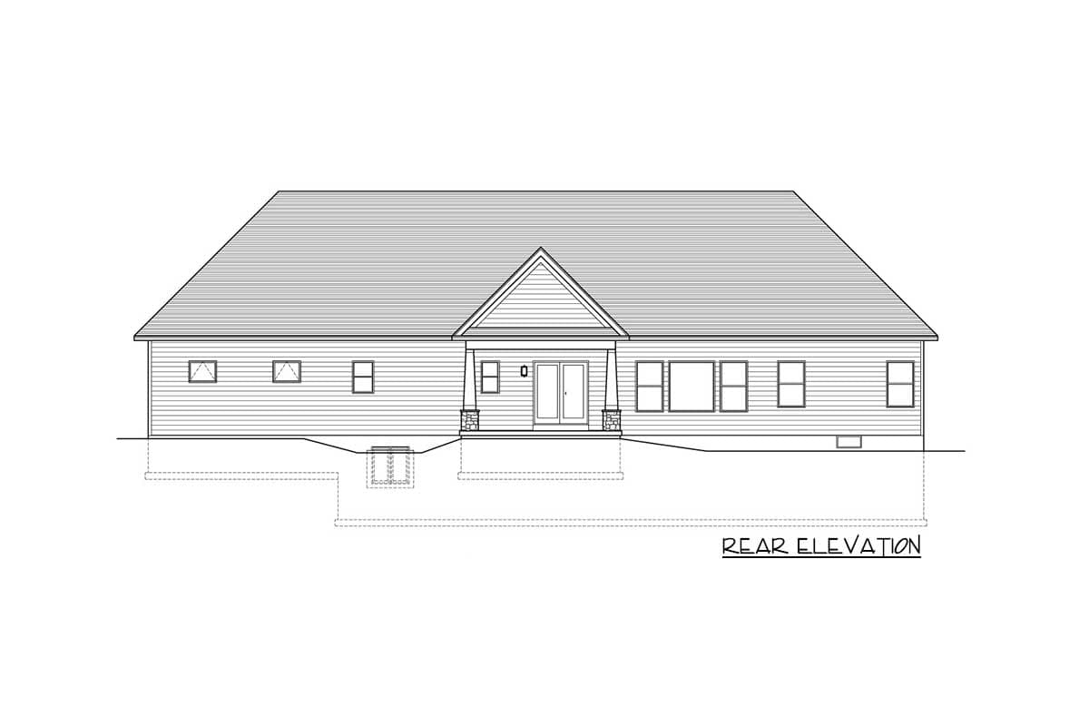 Rear elevation drawing of a one-story house plan with a gabled entrance porch and horizontal siding.
