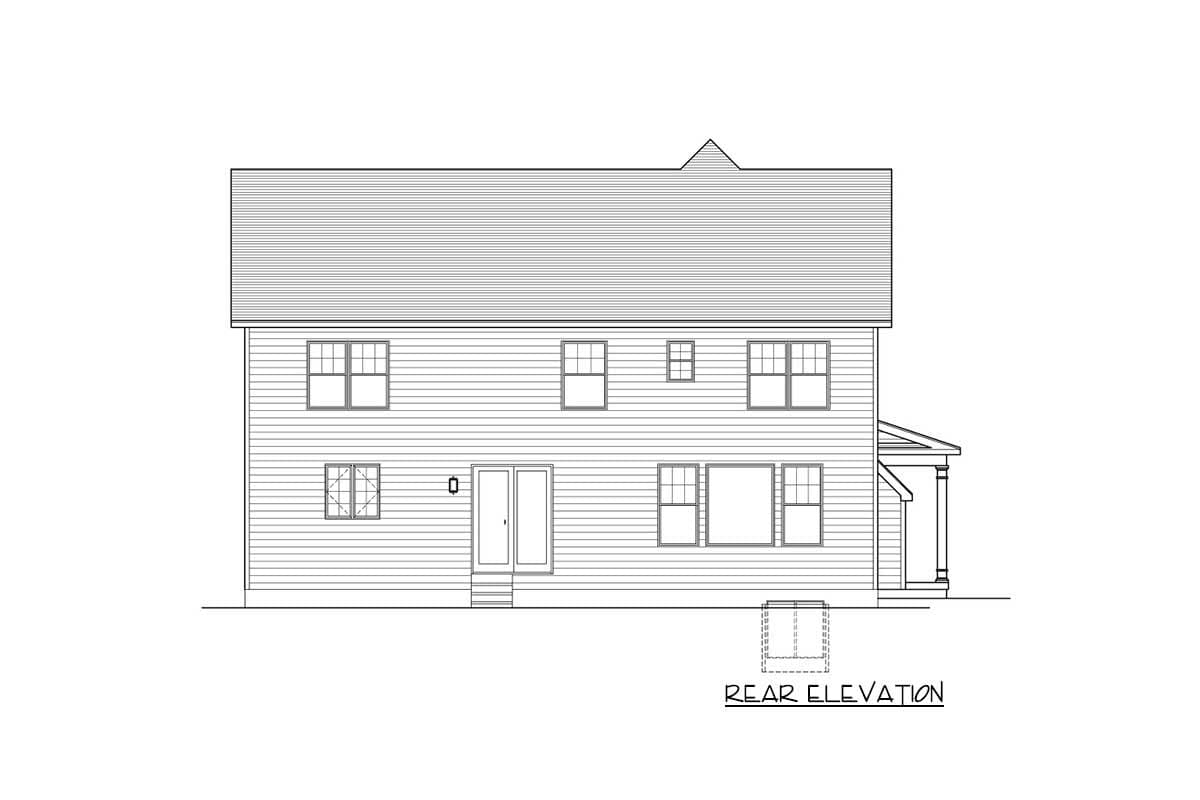 Rear elevation drawing of a two-story house plan with vinyl siding, multiple windows, and a covered side porch.