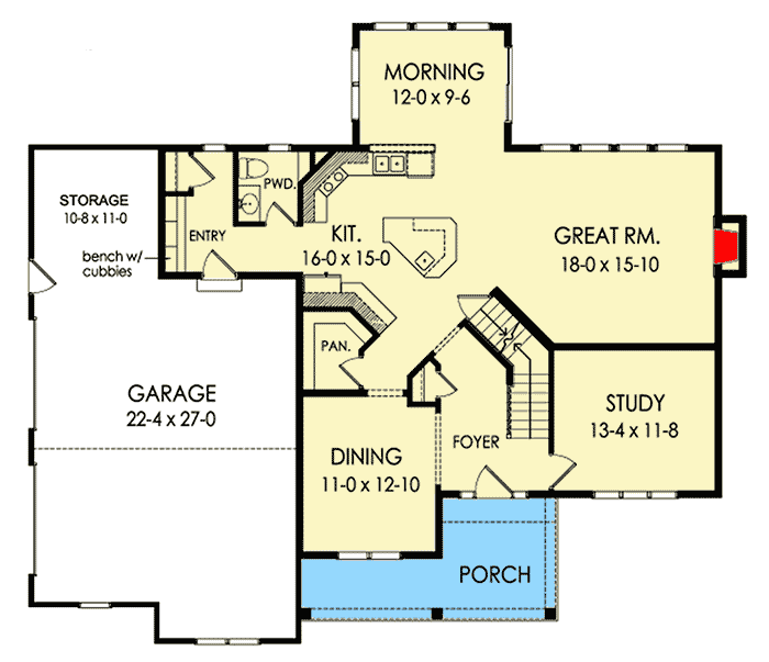 Plan 790042GLV: Stately 4-Bed House Plan with Office and Bonus Room - Floor Plan - Main Level - Country, Traditional