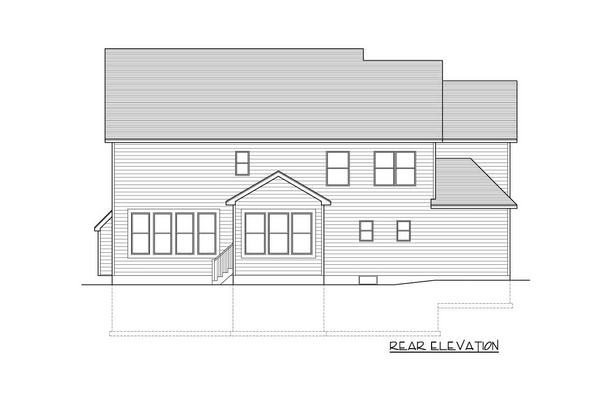Rear elevation drawing of a two-story house plan with multiple windows, a gable roof over a bay window, and layered rooflines.