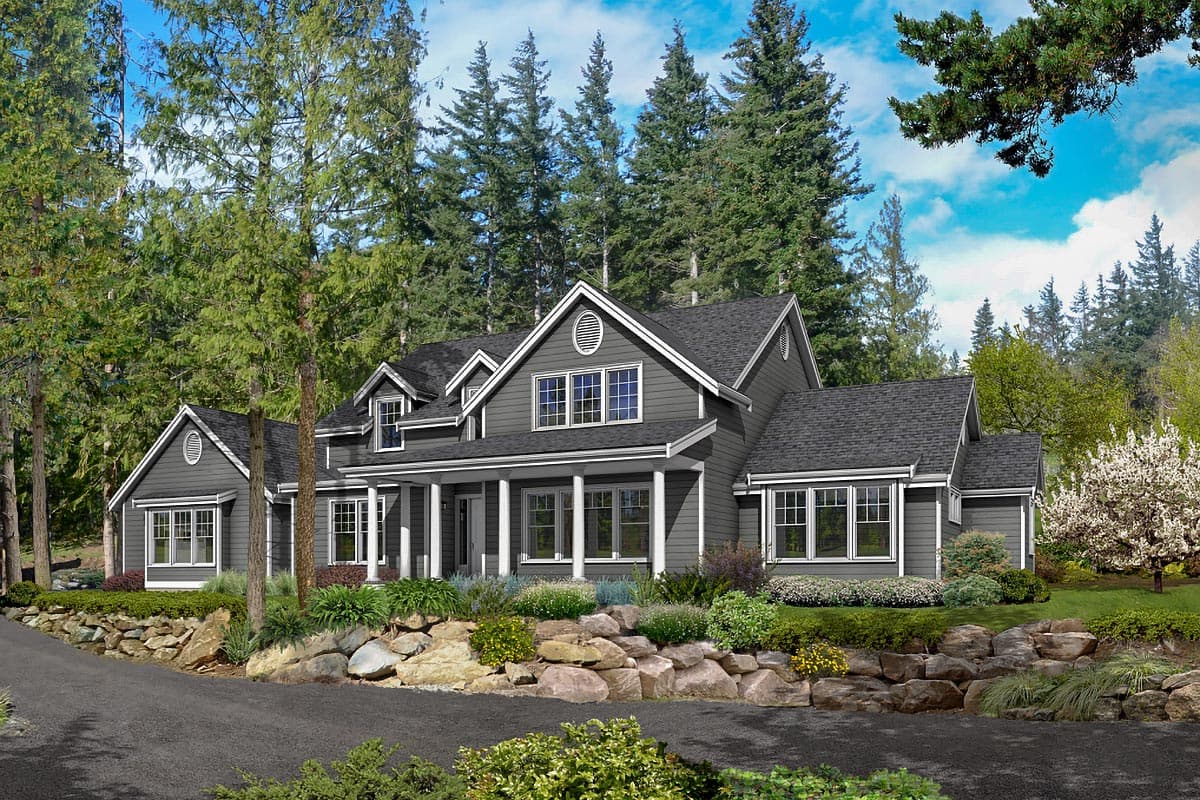 House plan exterior: two-story Modern Farmhouse with covered porch, gables, dormers, and attached garage. Front view.