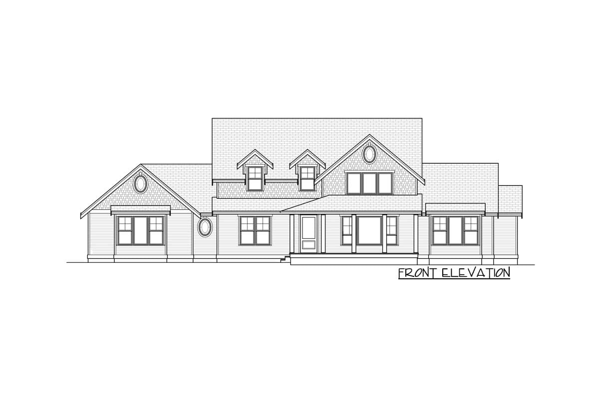 Front elevation drawing of a two-story house plan featuring dormers, gables, a prominent roofline, and a covered porch.