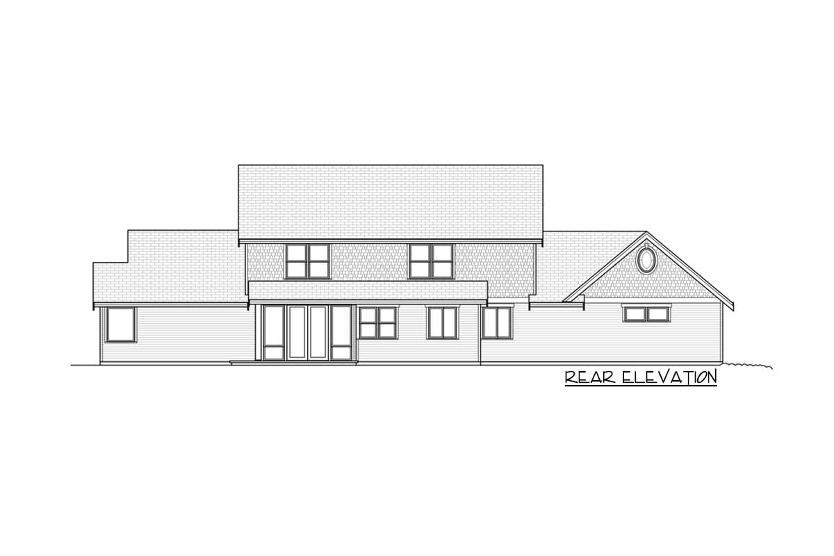 Rear elevation house plan featuring multiple rooflines, a central gable with a circular window, and a bank of windows.