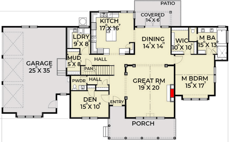 Plan 280002JWD: 3-Bed Craftsman with Upstairs Family Room for the Kids - 3079 Sq Ft - Floor Plan - Main Level - Country, Farmhouse, Traditional