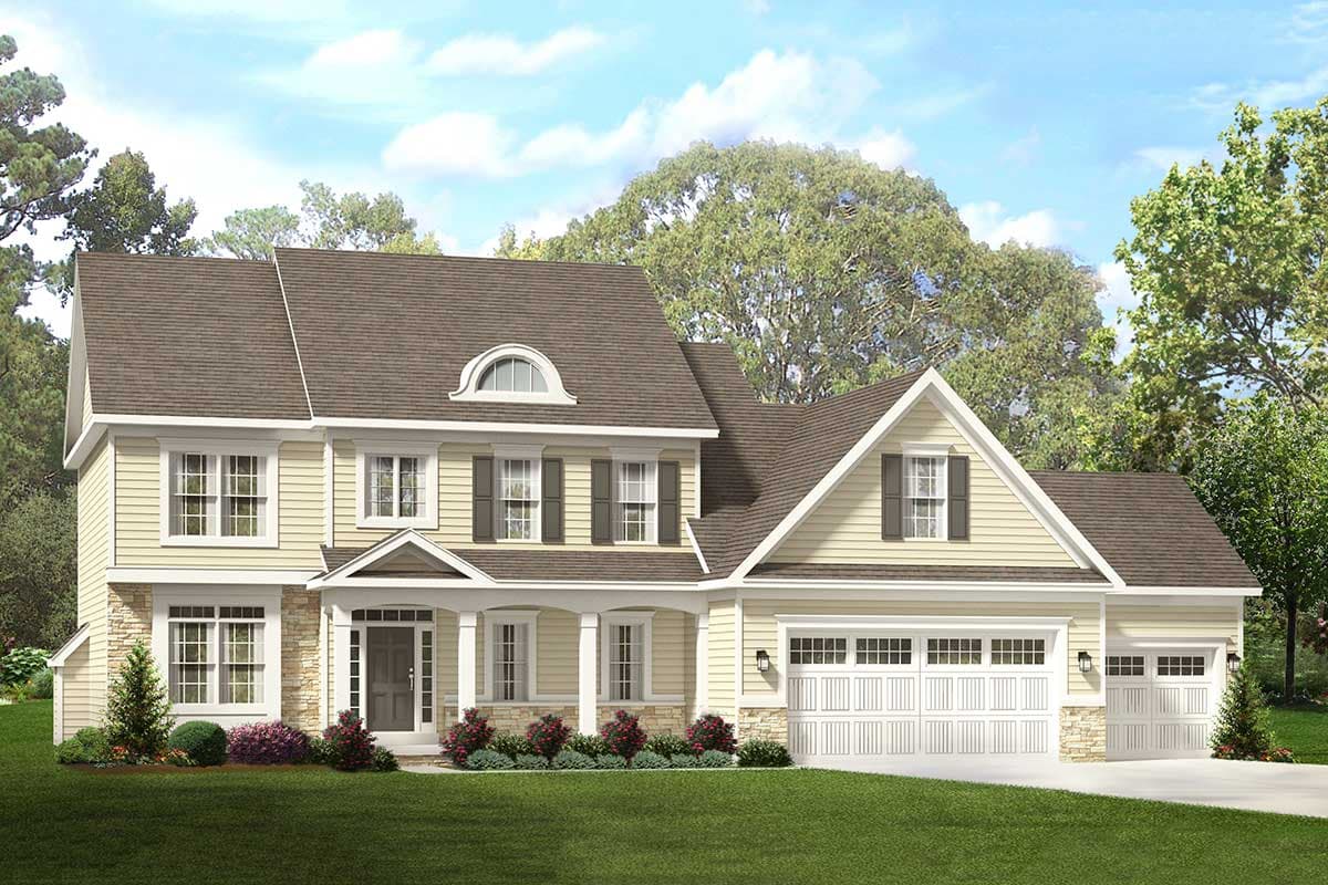 House plan exterior. Two-story Colonial with a front porch, gables, and a dormer. Features a side-entry garage.