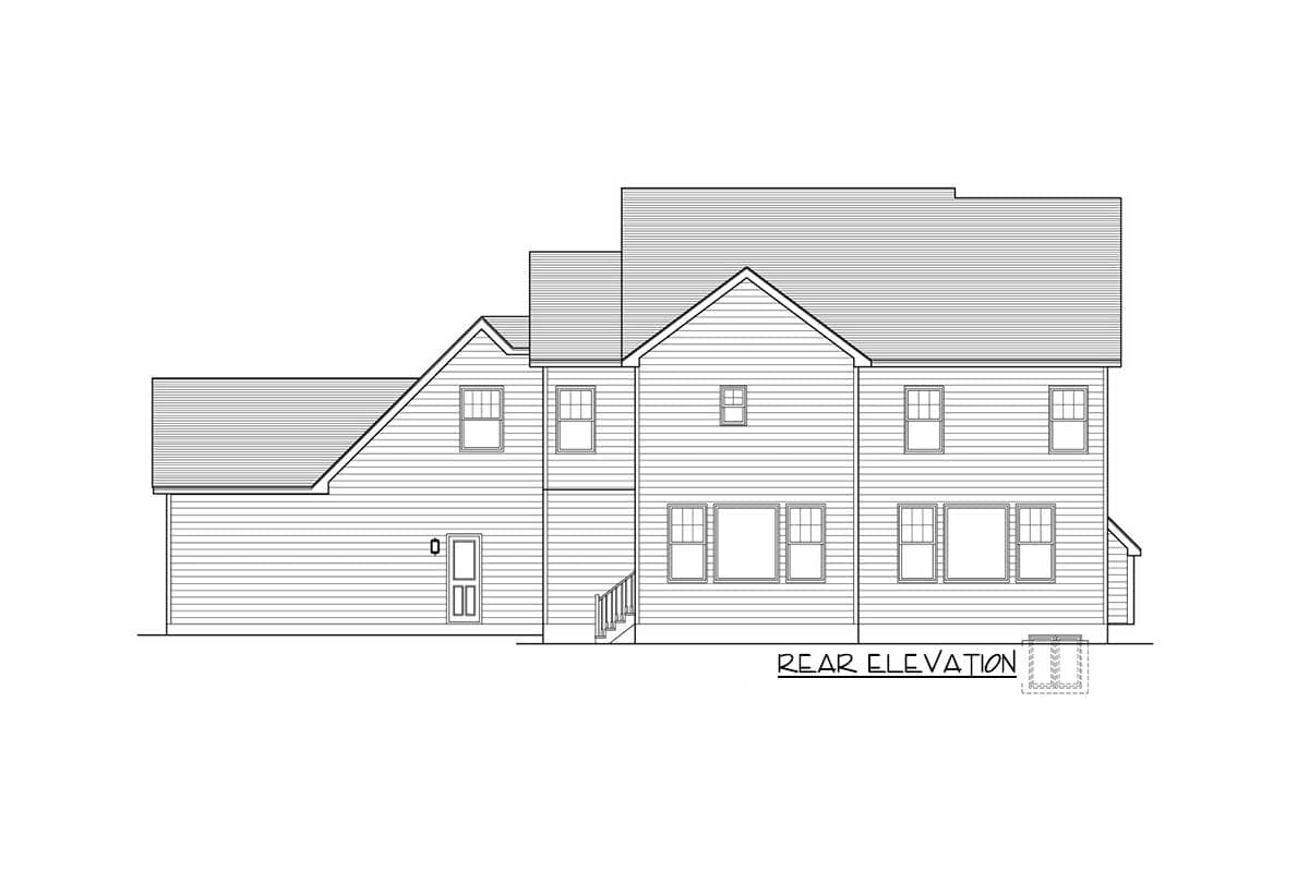 Rear elevation drawing of a two-story house with a attached garage, multiple gables, and a rear deck.
