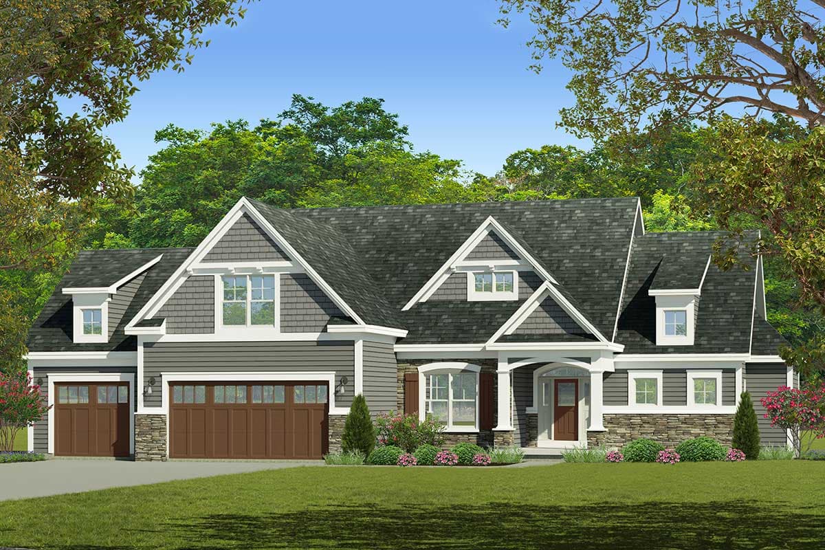 House plan exterior with Craftsman style, featuring a two-car garage, multiple gables, and dormers. Stone facade accents the foundation.