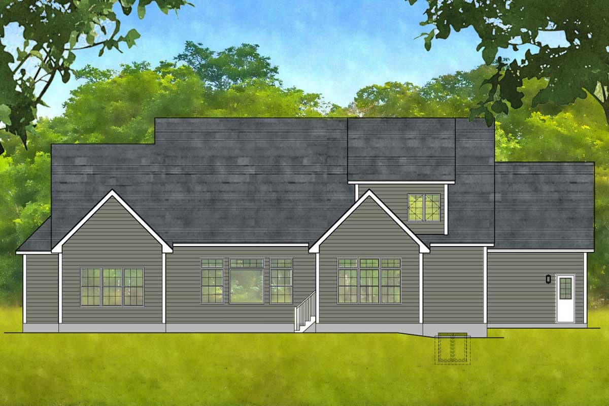 House plan exterior, side view, showing gabled rooflines, multiple windows, and a single-story elevation with a side door.