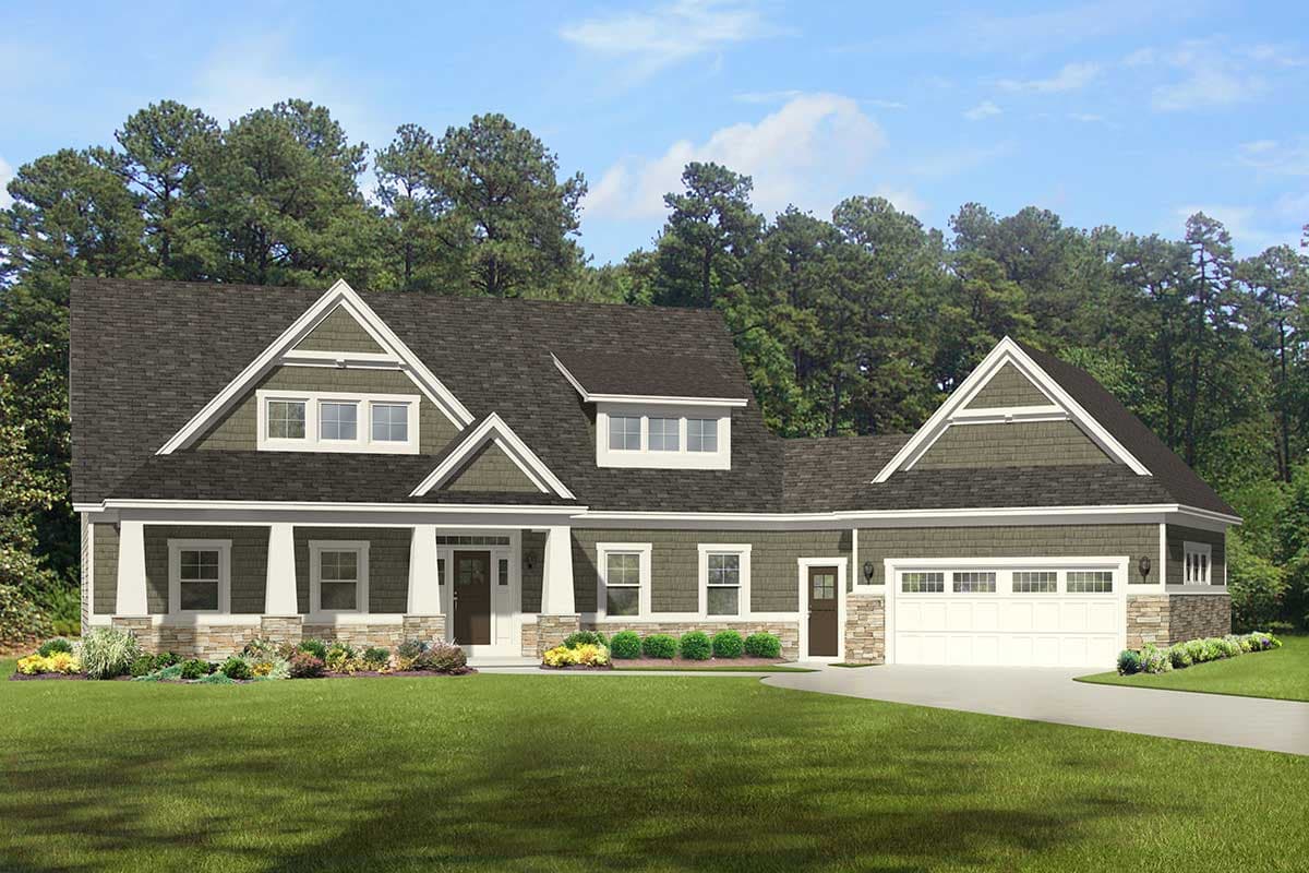 House plan exterior with Craftsman style, featuring a front porch with columns, gables, dormers, and a two-car garage with a side-facing entry.