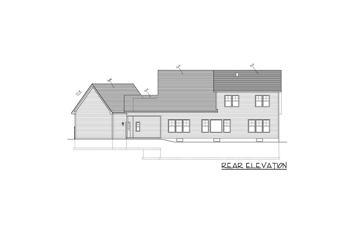 Rear elevation drawing of a two-story house plan with a gable roof, multiple windows, and horizontal siding.
