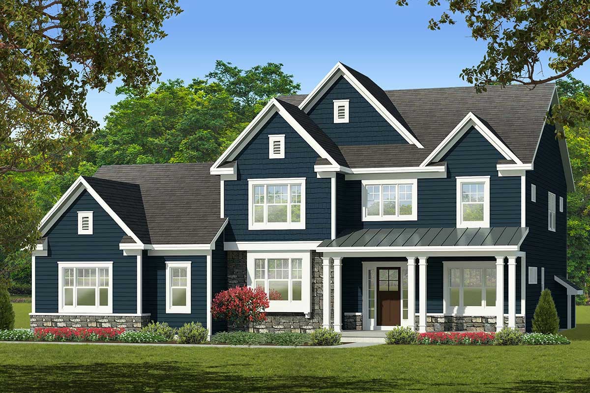 House plan exterior with Craftsman style. Two-story house with gables, a covered porch, and a mixed roofline. Features include stone accents.