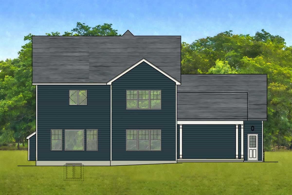 House plan exterior: Two-story residence with a gabled roof, numerous double-hung windows, and a covered front porch.
