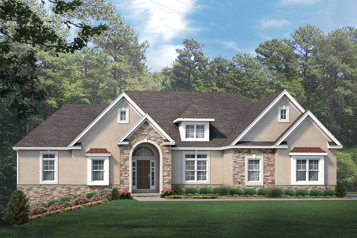 House plan exterior with stone accents, gabled roof, and dormers. Features an arched entryway and multiple windows.