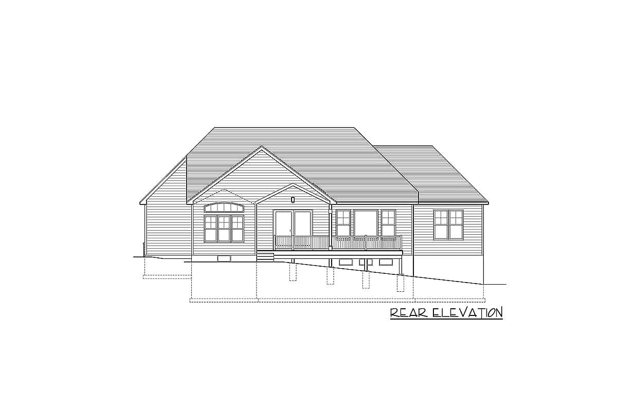 Rear elevation drawing of a one-story house plan with a deck, multiple windows, and a gabled roof.