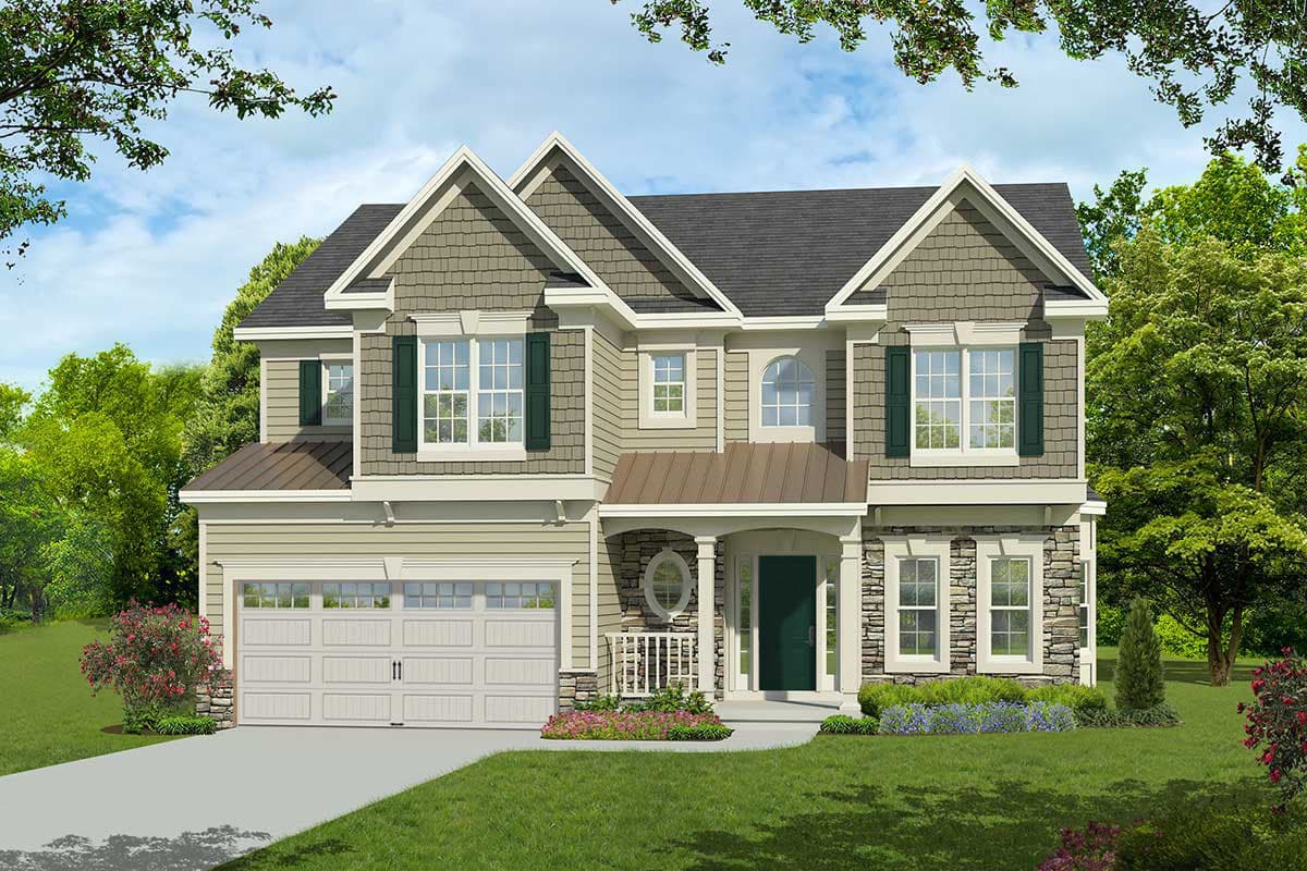 House plan exterior with two stories. Features include a front porch, gabled rooflines, and a two-car garage. Stone veneer accents the facade.