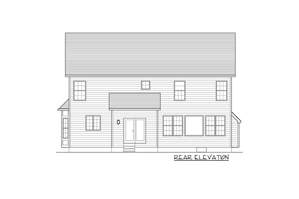 Rear elevation of a two-story house plan featuring a central gable and multiple windows.