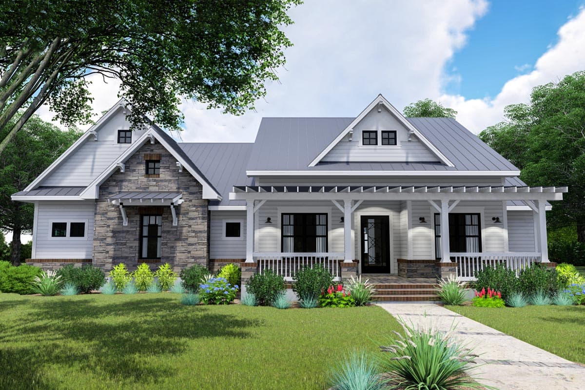 House plan exterior: Modern Farmhouse style, 1.5 stories, with stone accents, gables, and a covered front porch with pergola.
