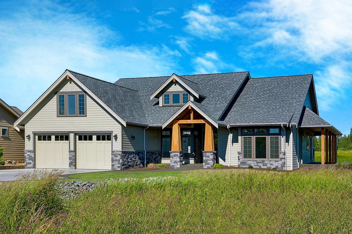 House plan exterior: Ranch style, one story, with a three-car garage, prominent gabled entrance, and covered porch.