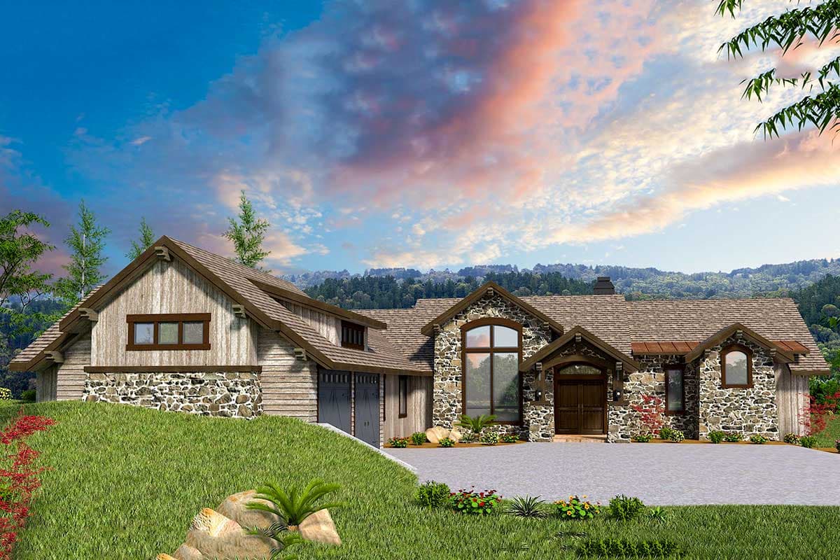 House plan exterior with stone and wood siding, a large arched window, covered entryway, and a two-car garage.