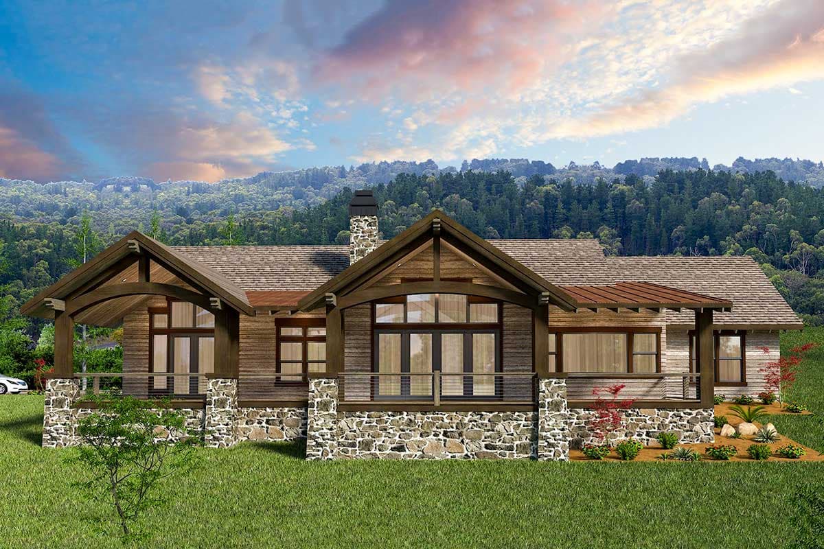 House plan exterior: Wood siding and stone foundation with gables, covered porch, and large windows.