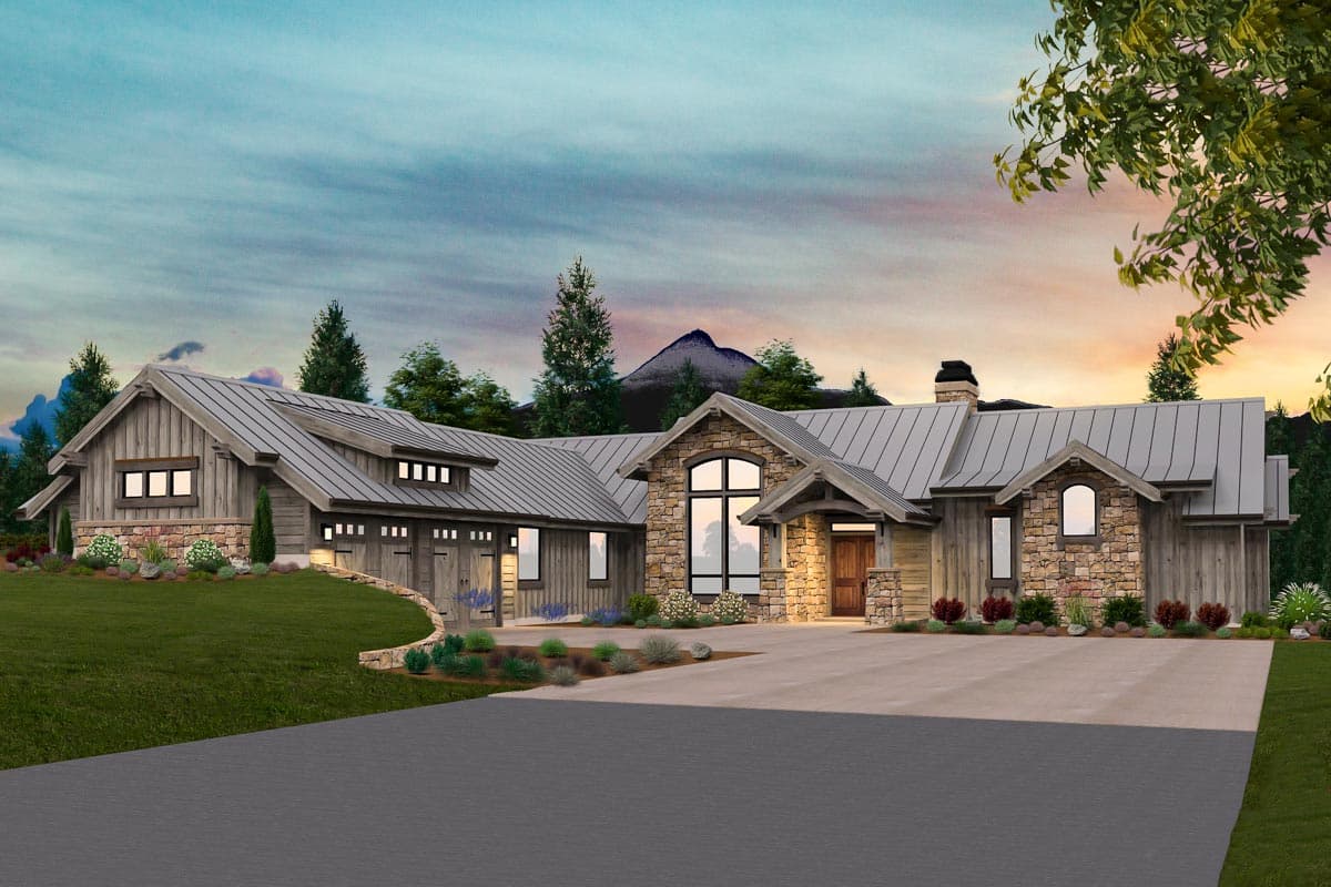 House plan exterior with stone accents, metal roof, and gabled entry. Features a two-car garage and large windows.  One story home.