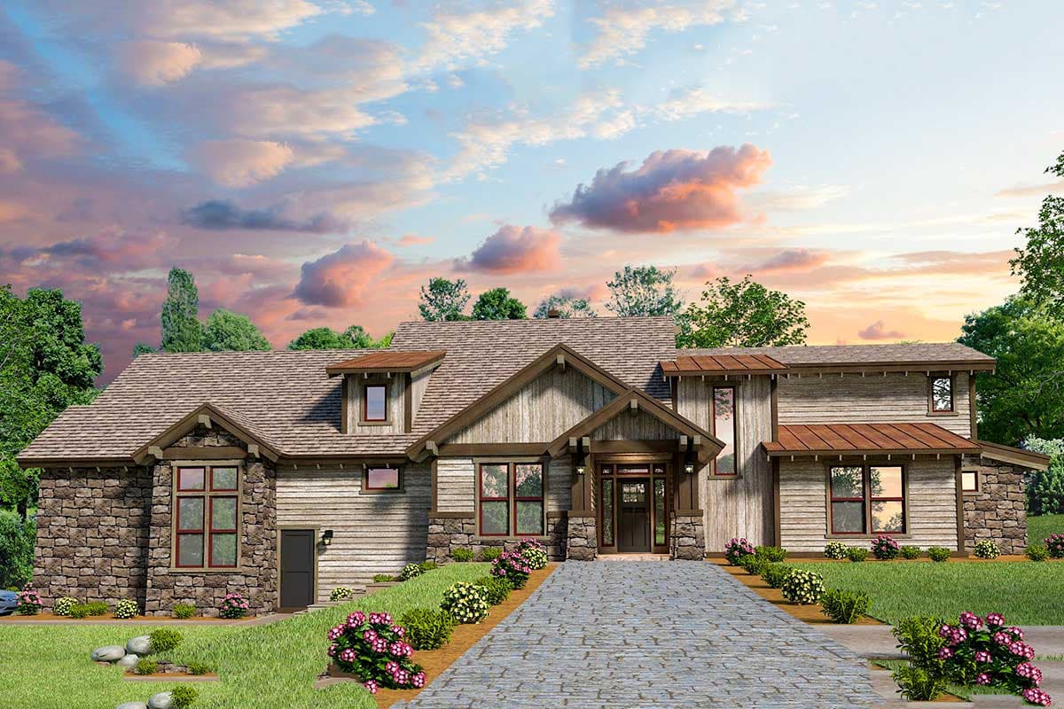 House plan exterior. Two-story, rustic style home with stone accents. Features include gable roof, dormers, and covered entry.