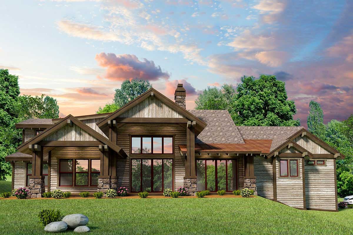 House plan exterior features a modern mountain architectural style with timber beams, stone accents, steep gables, and large windows.