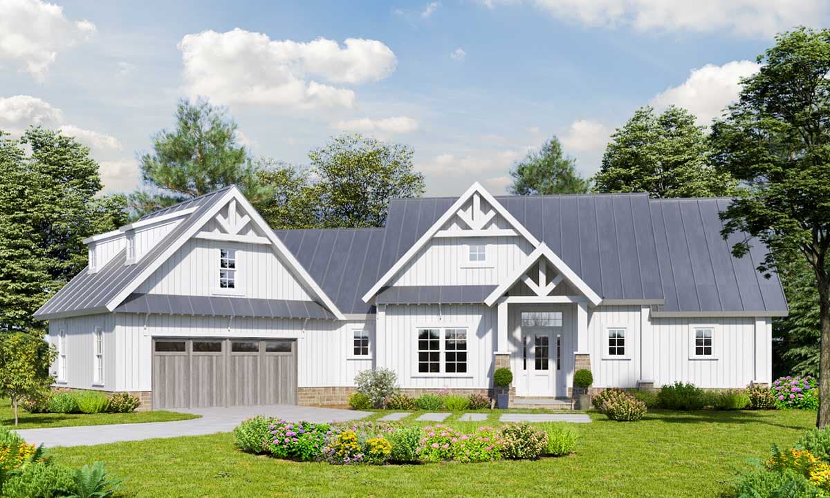 House plan exterior. Modern Farmhouse style, one story. Features include gable rooflines, shed dormers, and a front-facing garage.