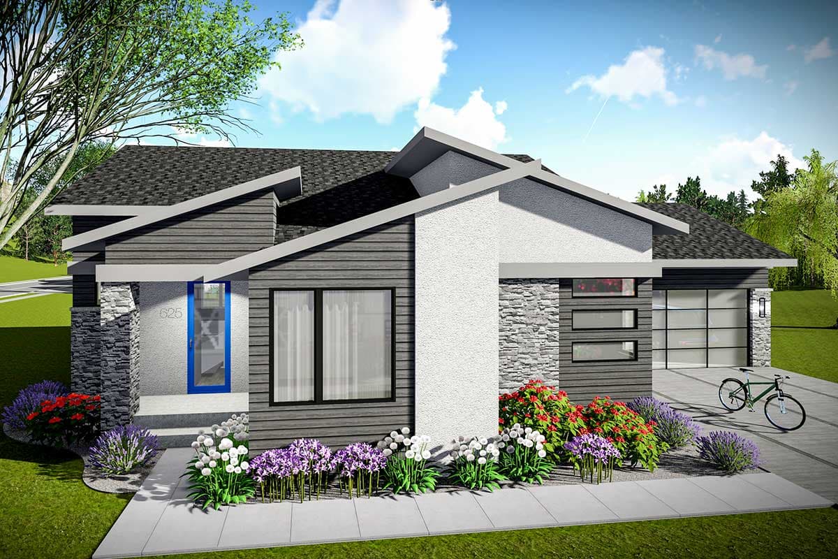 House plan exterior with modern style, one story, gabled roof, stone accents, and attached garage. Includes a covered entry.