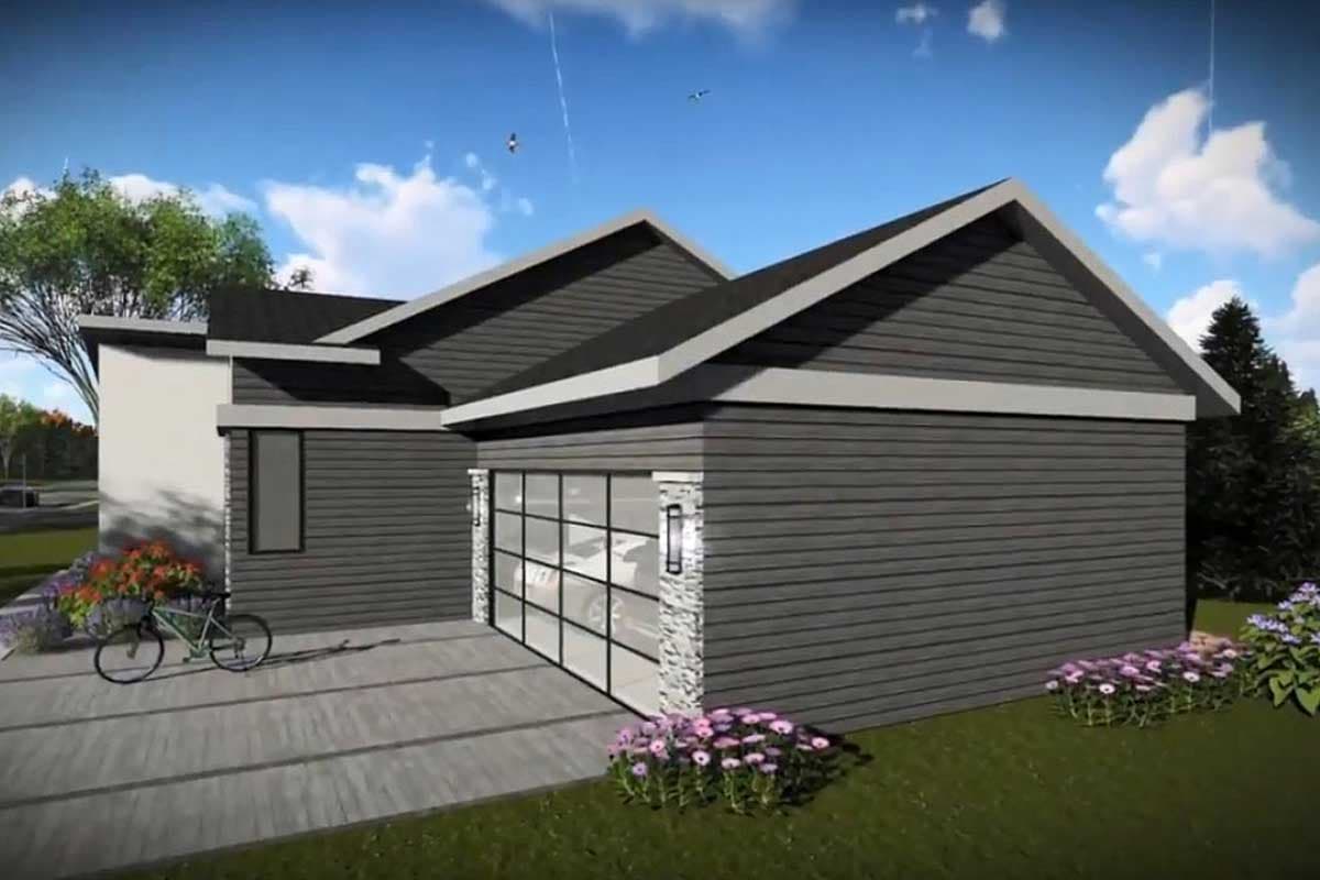 Modern house plan exterior with dark siding, white trim, multiple gables, and glass garage door.