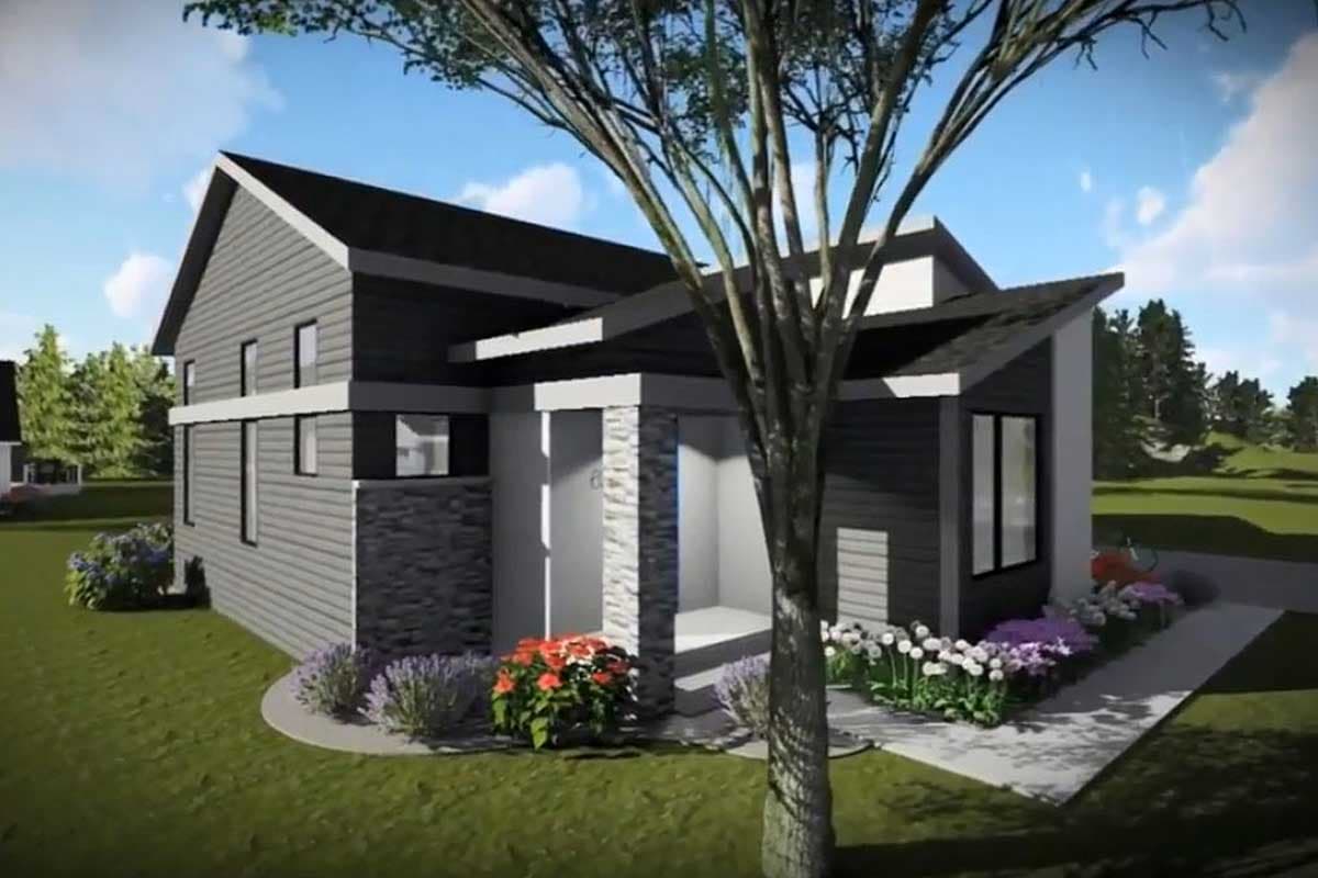 Two-story modern house plan exterior with a prominent gable roof, stone accent wall, and covered entry with stacked stone pillars.