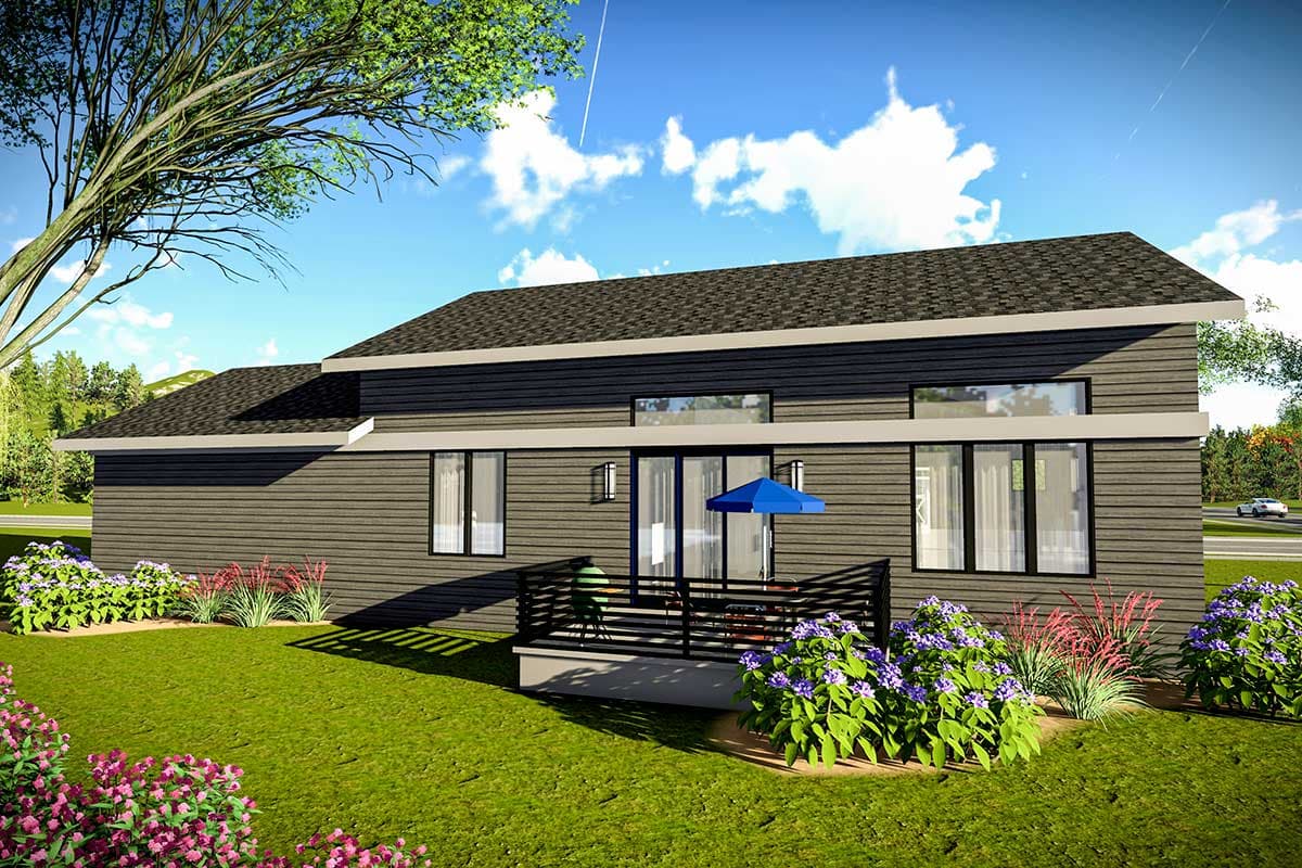 Modern house plan exterior with horizontal siding, dark roof, deck, and large windows.