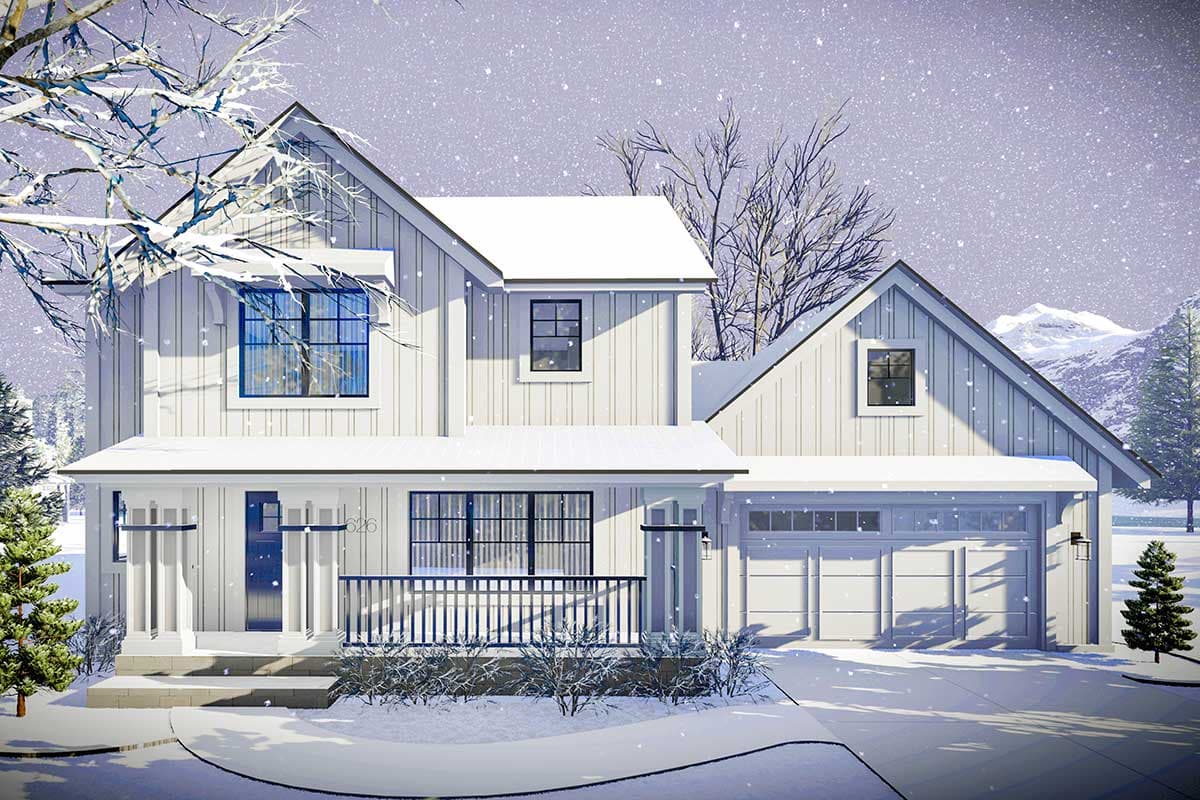 Modern Farmhouse house plan exterior with two stories, gabled roof, front porch, and attached garage. Exterior features vertical siding.