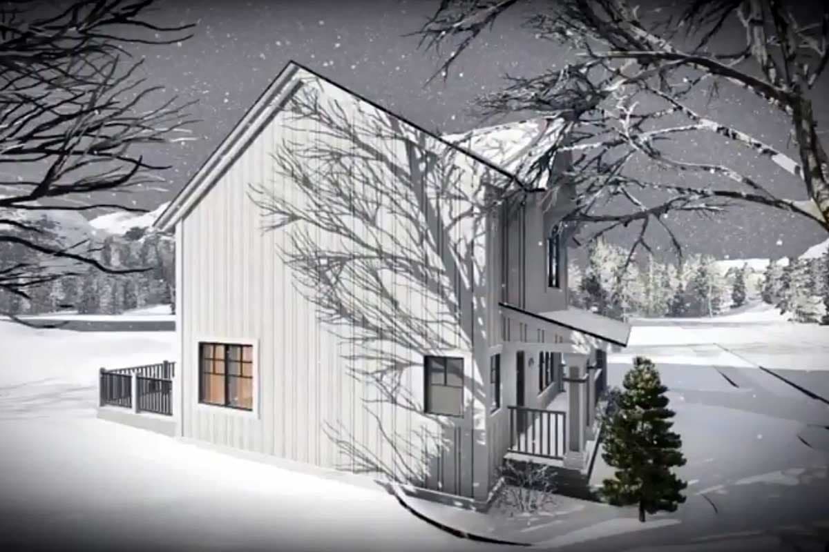 Modern Farmhouse house plan exterior, two stories, vertical siding, gabled roof, and covered front porch.